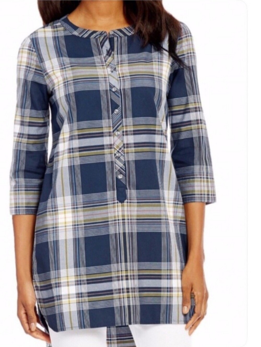 PENDLETON Blue Plaid 3/4 Sleeve Tunic Top Cotton Preppy Lightweight Sz M